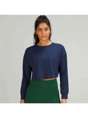 Lululemon Muscle Love Long Sleeve Shirt M Cropped Crewneck Top Navy Blue Boxy